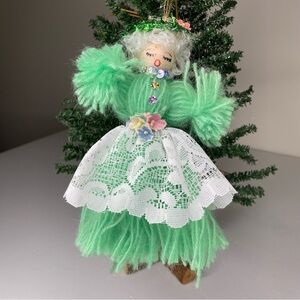 Vintage Handmade Yarn Angel Mint Green Christmas Tree Ornament Arts & Crafts